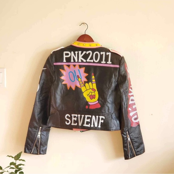 SX Honey Pot Black Faux Vegan Leather Jacket Slipknot Graffiti Punk Moto NWT XS - Picture 10 of 10